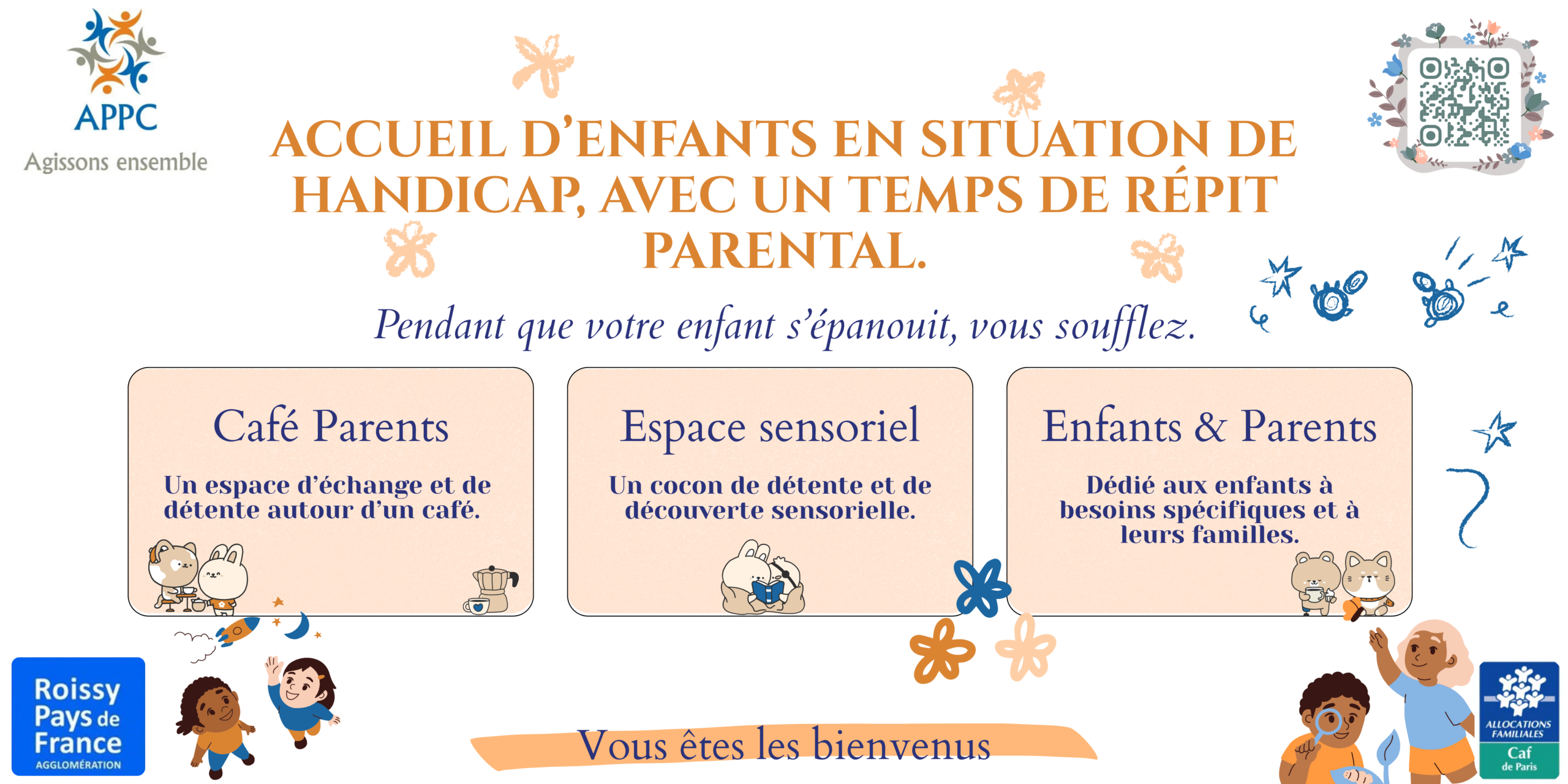 Affiche du pole handicap, indique les differentes activitées. "acceuil d'enfants en situation d'handicap, avec un temps de répit parental.