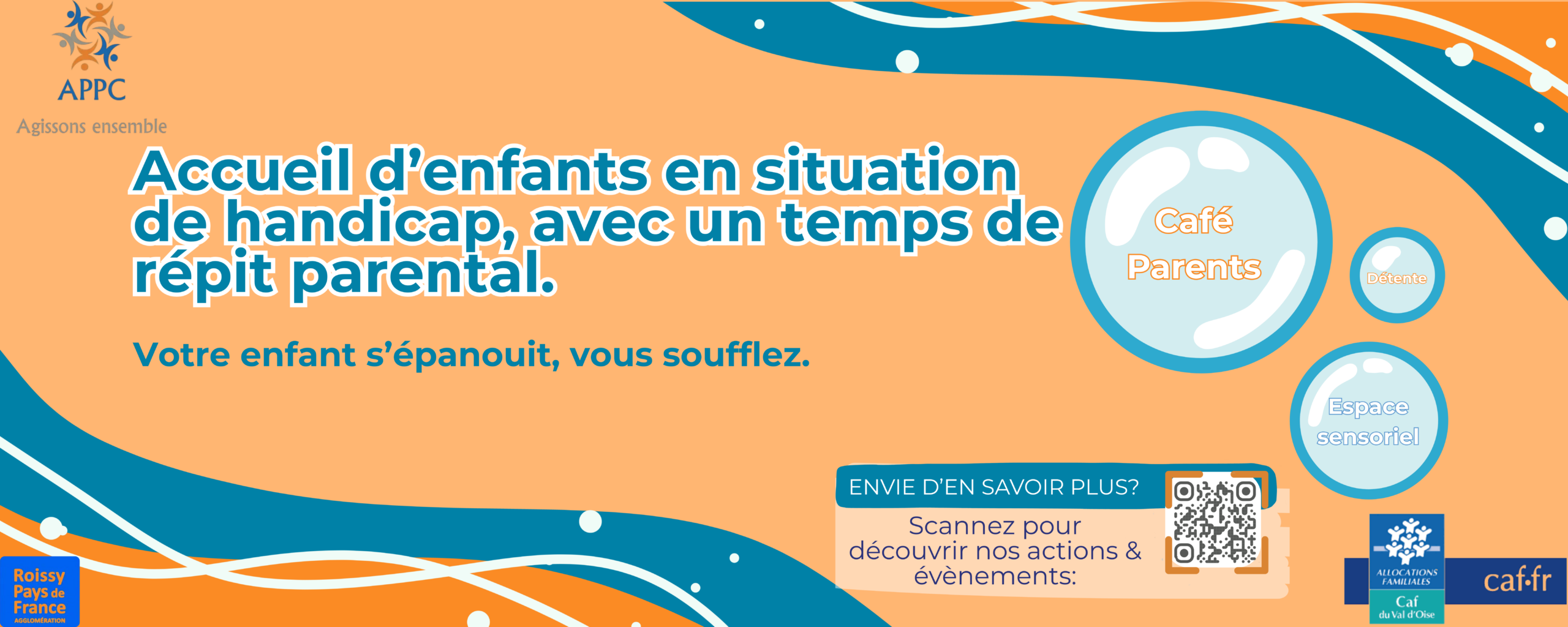 Affiche du pole handicap, indique les differentes activitées. "acceuil d'enfants en situation d'handicap, avec un temps de répit parental.